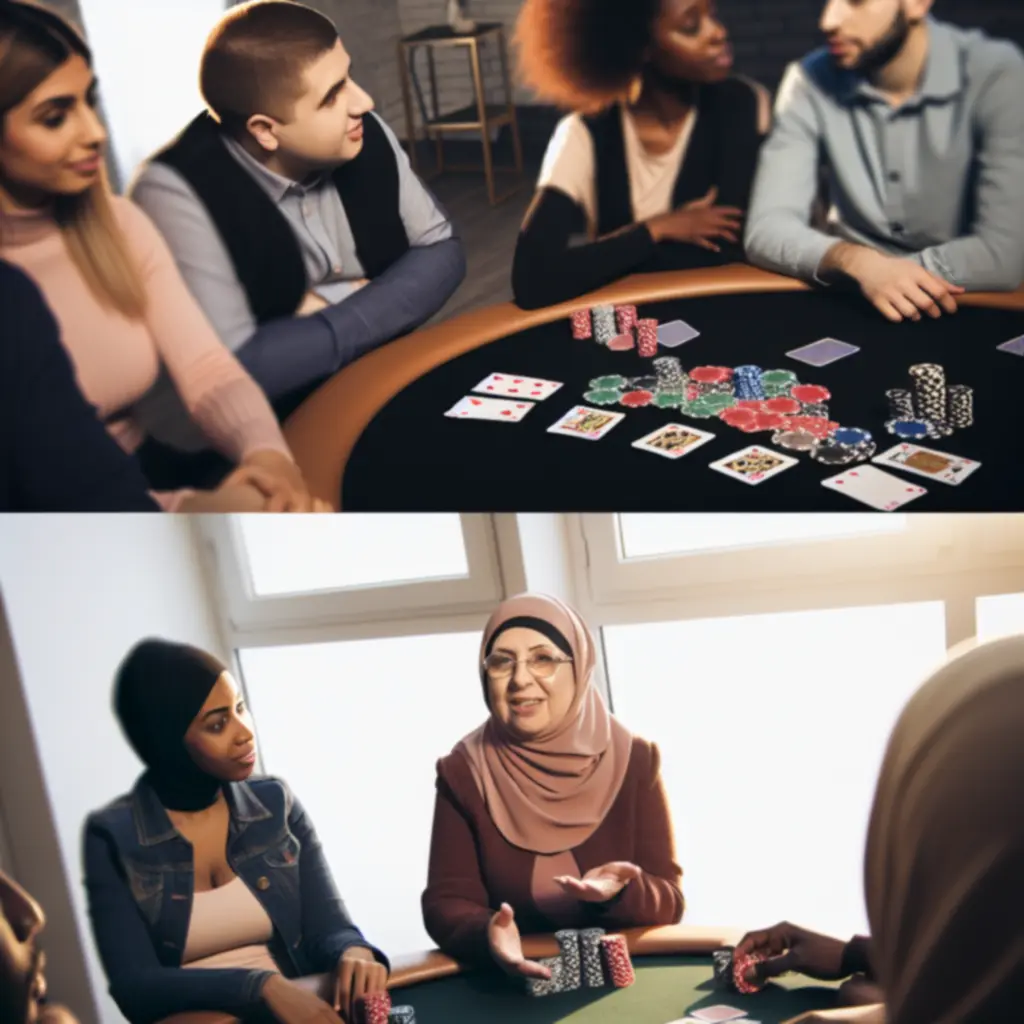 Instruktor tłumaczący zasady pokera początkującym graczom przy stoliku.