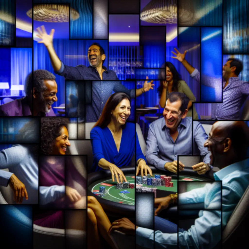 Grupa znajomych śmiejących się przy stole pokerowym w klubie.